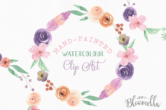 Floral Watercolor Wreath Feather in Illustrations - product preview 2