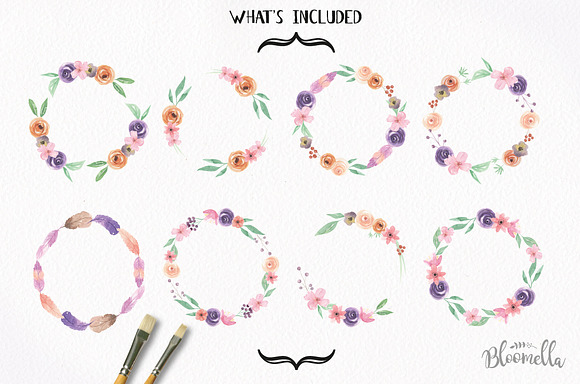 Floral Watercolor Wreath Feather in Illustrations - product preview 5