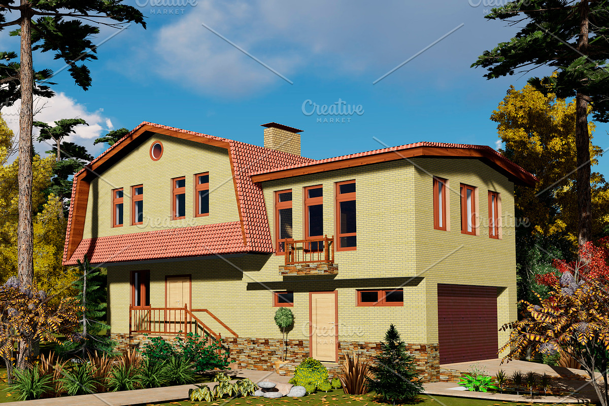 3D visualization. Yellow brick house in Illustrations - product preview 8