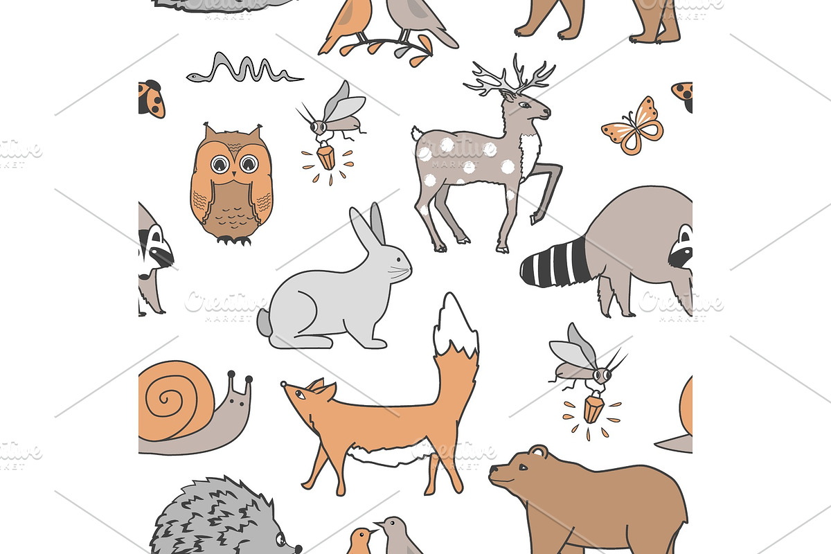Forest animals seamless pattern. Fox, bear, raccoon, owl, rabbit, firebug, and hedgehog on white background. in Illustrations - product preview 8