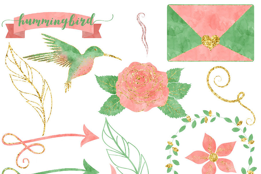 Pink & Mint Watercolor Hummingbird in Illustrations - product preview 8