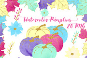 Watercolor & Glitter Pumpkins Clipar