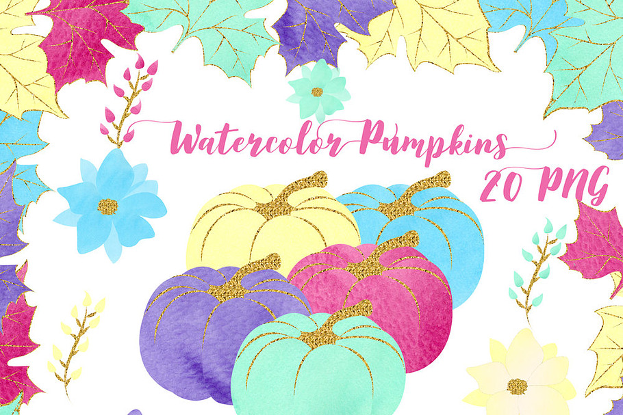 Watercolor & Glitter Pumpkins Clipar in Illustrations - product preview 8