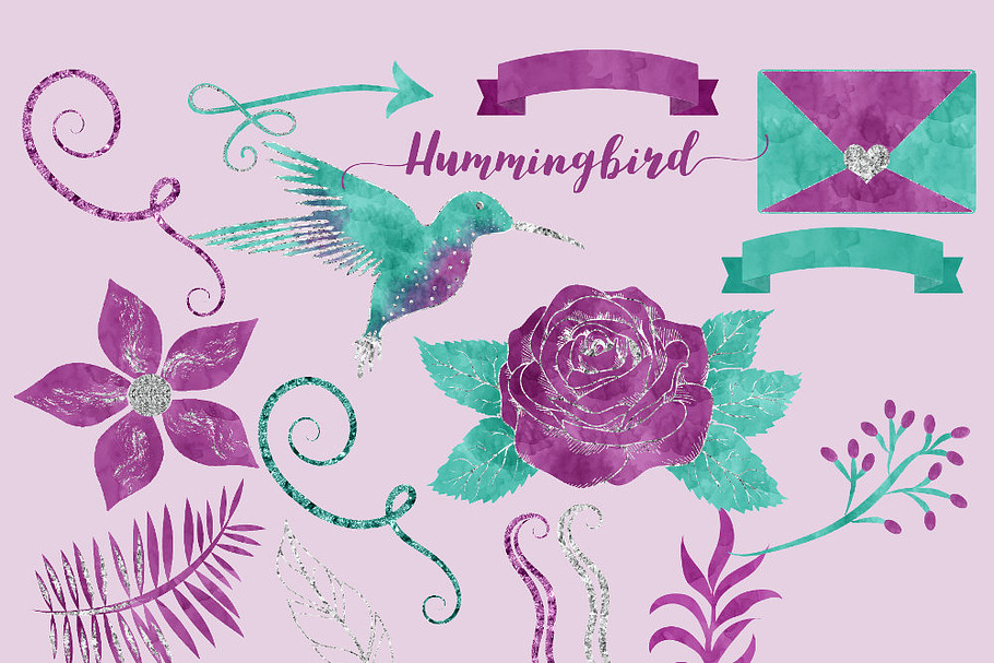 Purple & Teal Hummingbird Clipart in Illustrations - product preview 8
