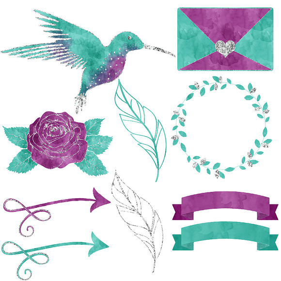 Purple & Teal Hummingbird Clipart in Illustrations - product preview 1