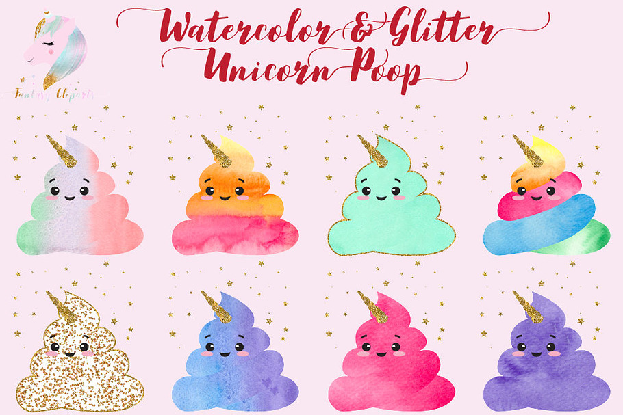 Watercolor Unicorn Poop Clipart in Illustrations - product preview 8
