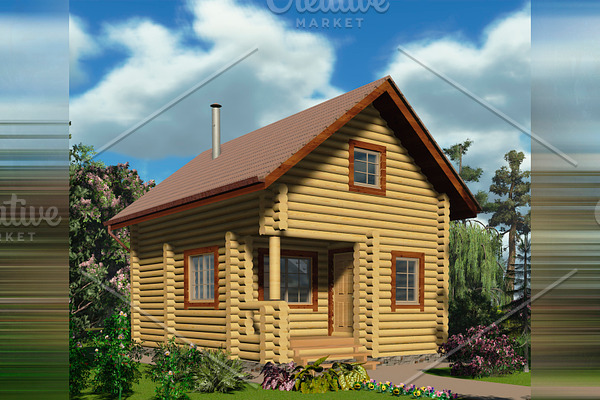 3D visualization. Wooden house.