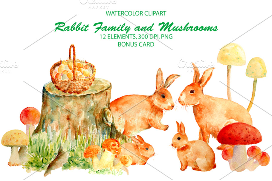 Watercolor Rabbit Famly & Mushrooms