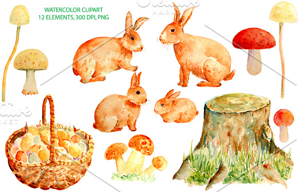 Watercolor Rabbit Famly & Mushrooms in Illustrations - product preview 1