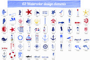 Watercolor nautical set 63 elements