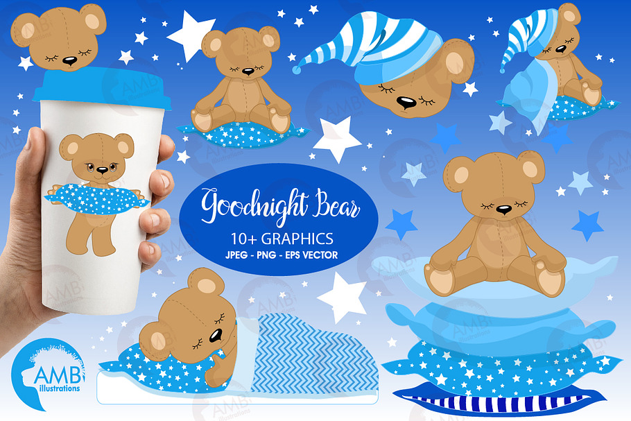 Teddy Bear Clipart in Blue, AMB-982