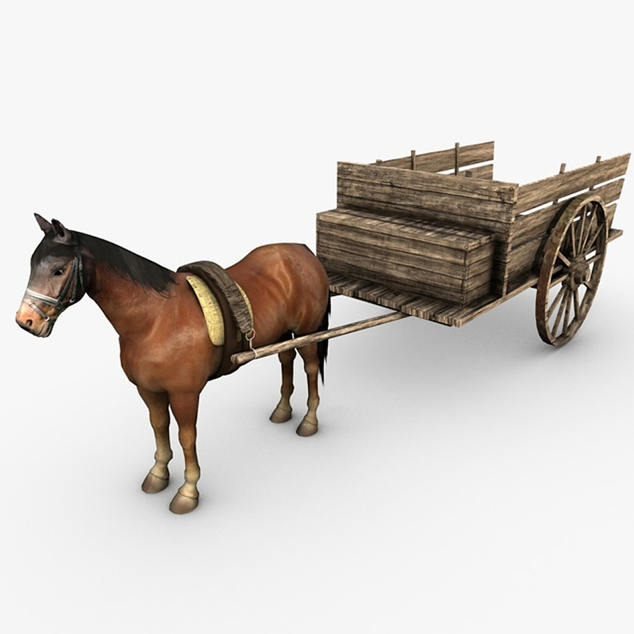 Horse and wooden cart in Animals - product preview 6