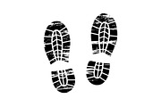 Footprints and shoeprints icons in black and white showing bare feet and the imprint of the soles with the differing patterns of male and female footwear with shoes boots