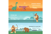 Horizontal banners set with illustrations of primitive prehistoric period peoples and different dinosaurs