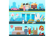 Banners illustrations of east countries vietnam, thailand and singapore