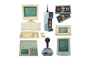 Retro illustrations of technicians gadgets. Vector pictures