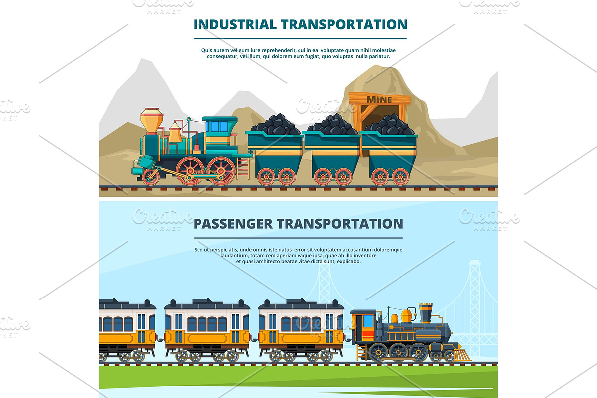 Banners template with colored illustrations of retro trains in Graphics - product preview 8