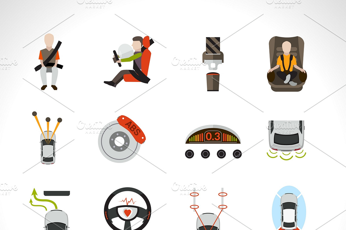 Car safety system icons set in Graphics - product preview 8