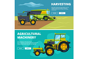 Banners set with illustrations of agricultural machinery