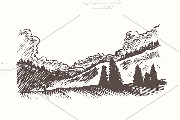 Landscape with forest and clouds in Illustrations - product preview 1