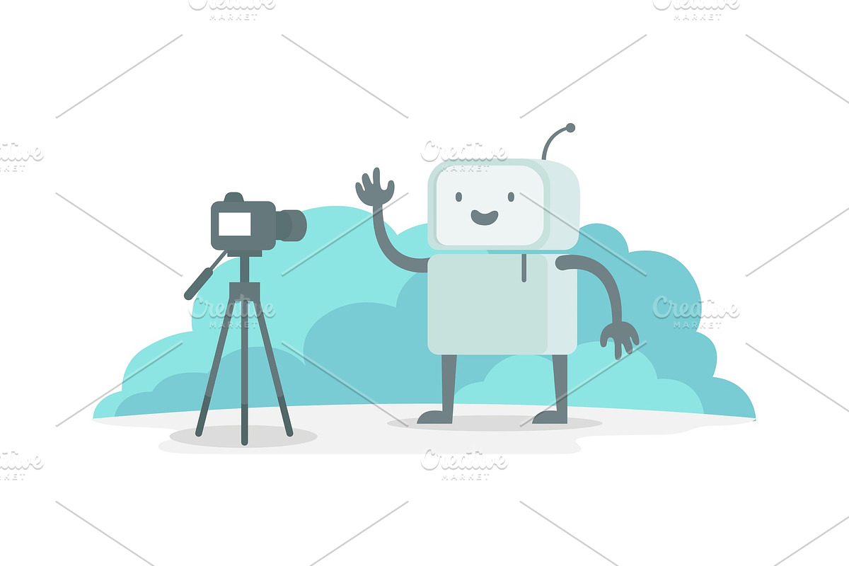 Videoobloger robot character in front of the camera. Stream shows on video. Selfie recording for you tube. The reporter news reportage. Flat color vector illustration in Illustrations - product preview 8