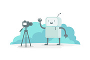 Videoobloger robot character in front of the camera. Stream shows on video. Selfie recording for you tube. The reporter news reportage. Flat color vector illustration