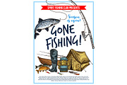 Fishing poster with fish and fisherman equipment