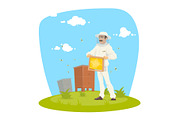 Beekeeper with honeycomb frame and honey icon