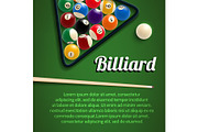 Billiards 3d poster with green table, ball and cue