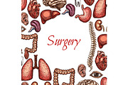 Surgery poster with human organ, body parts sketch