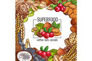 Superfood poster with nut, cereal, seed and bean