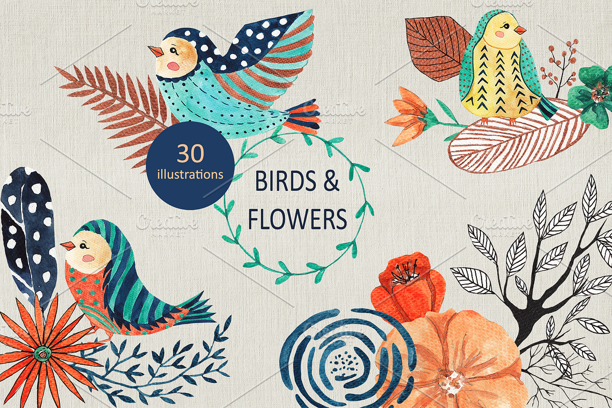 Birds & flowers design set in Illustrations - product preview 8