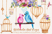 Watercolor Love Birds and Cages 