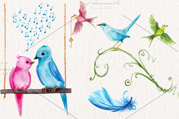 Watercolor Love Birds and Cages  in Illustrations - product preview 3