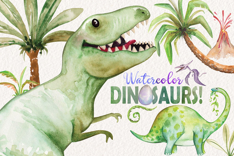 Watercolor Dinosaurs Elements in Illustrations - product preview 8