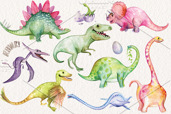 Watercolor Dinosaurs Elements in Illustrations - product preview 1