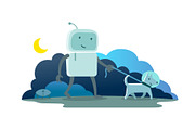 Robot character astronaut man walk night moon evening with dog on a leash. Dog runs ahead. Flat color vector illustration
