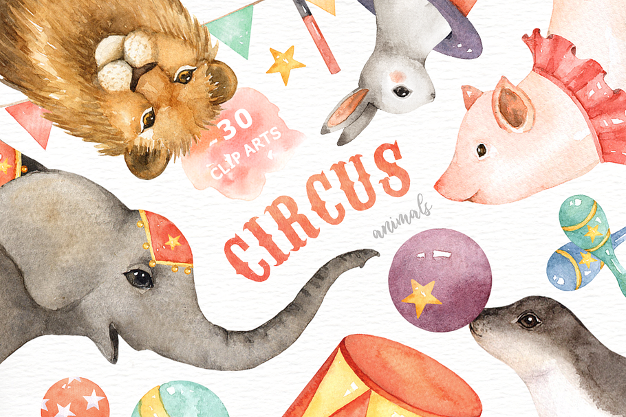 Circus Animals Watercolor Clip Art in Illustrations - product preview 8