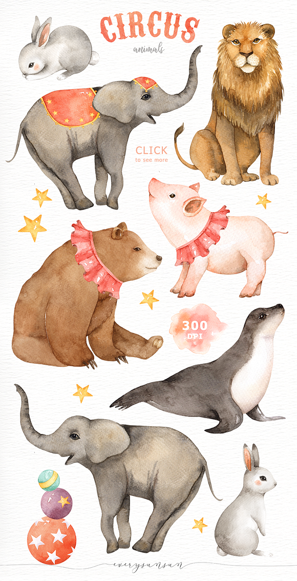 Circus Animals Watercolor Clip Art in Illustrations - product preview 1