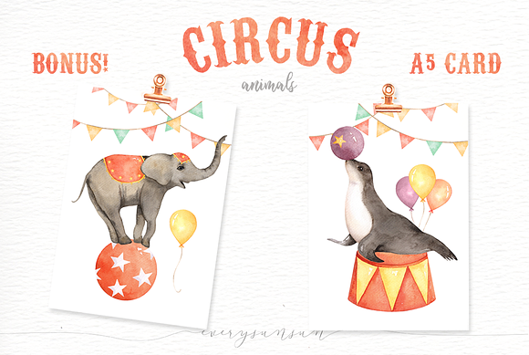 Circus Animals Watercolor Clip Art in Illustrations - product preview 3