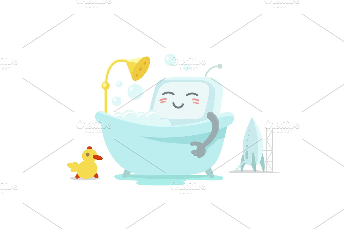 Emoji sticker robot is taking bathin in the bathroom. Very cute picture rest, exfoliation foam shampoo. Break for rest. Flat color vector illustration in Illustrations - product preview 8