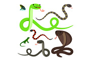 Snakes and lizard cartoon icons set