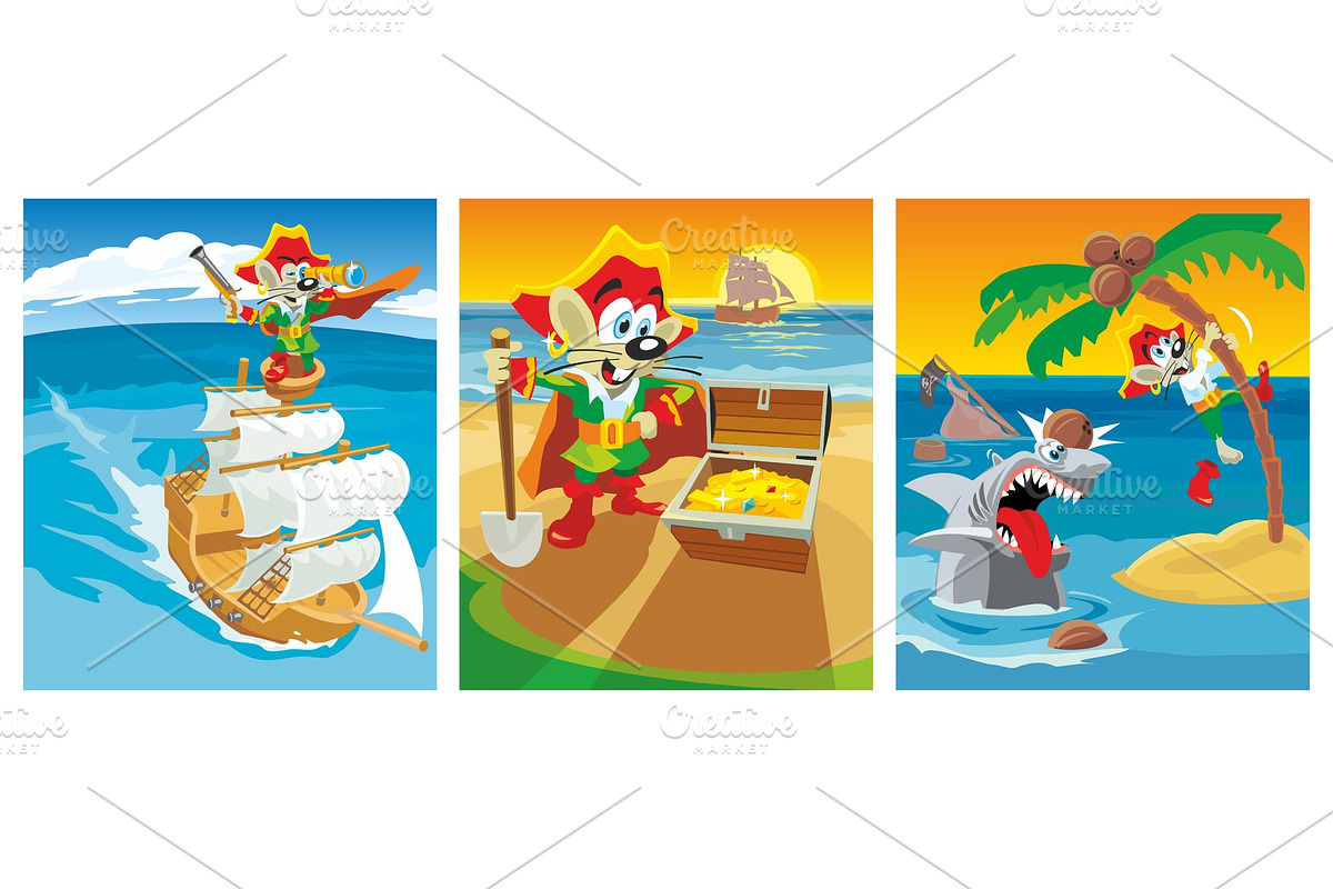 Comics mouse pirate found a treasure. Vector flat illustration in Illustrations - product preview 8