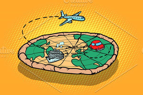 Travel tourism concept, pizza planet earth and transport
