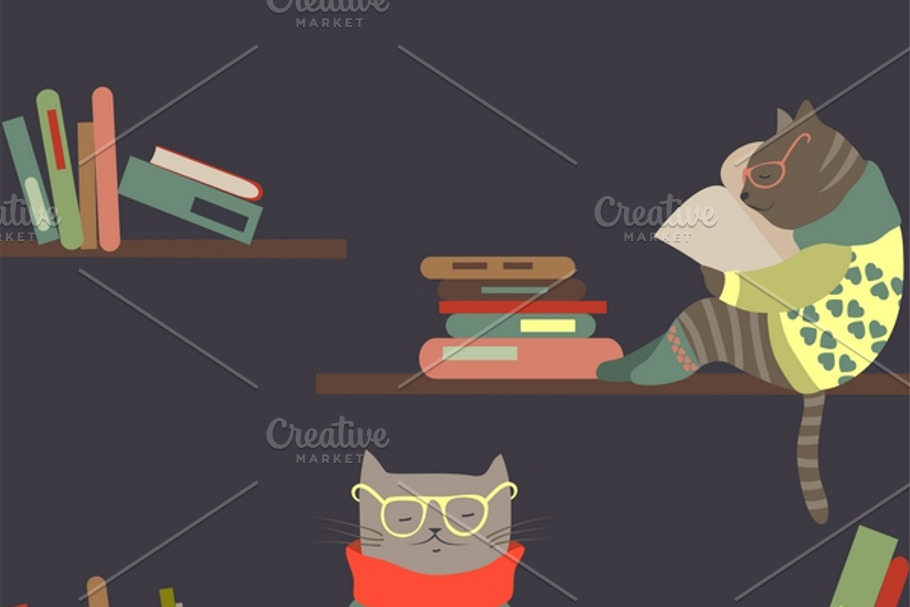 Cats reading books on bookshelves in Illustrations - product preview 8