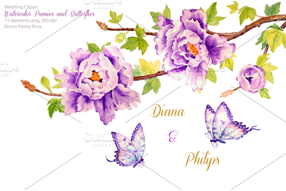 Wedding Purple Peonies & Butterflies in Illustrations - product preview 8