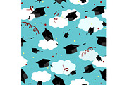 Graduates hats in the air. Graduation Caps in the sky. Vector seamless pattern.