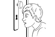 Boy peeks into the keyhole coloring book vector