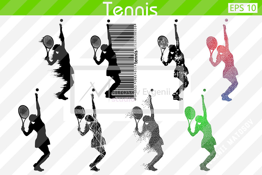 Silhouettes of a tennis player. Set