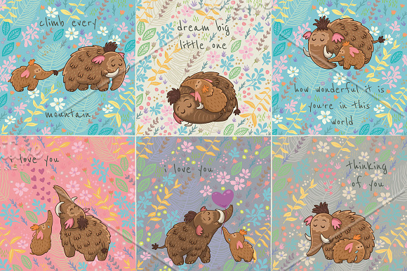 Floral cards with woolly mammoths in Illustrations - product preview 2